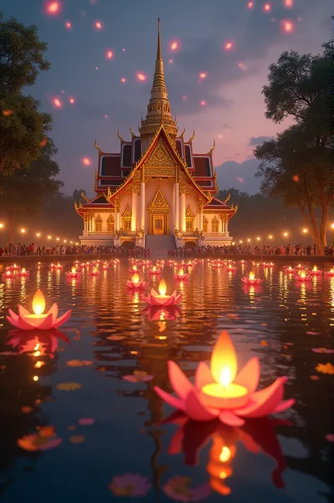 In the foreground, a majestic Thai temple with intricate golden details and ornate spires stands tall against a twilight sky. Its reflection shimmers in the calm waters of a nearby pond. Around the temple, colorful Loy Krathong floats drift gently on the w...