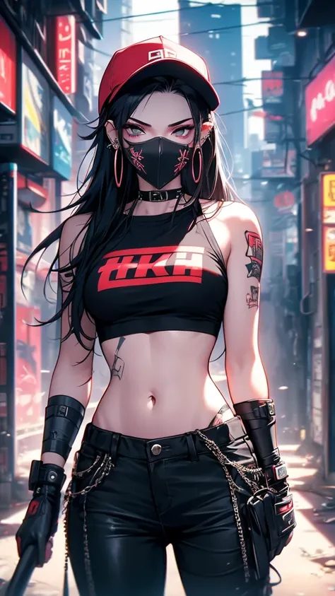 A glitchy, cyberpunk girl with a blurry background, wearing a mask over her mouth, a baseball cap, and multiple tattoos on her shoulder, arm, neck, and stomach. She has long black hair, piercings in her ears and navel, and is wearing a tank top, pants, and...