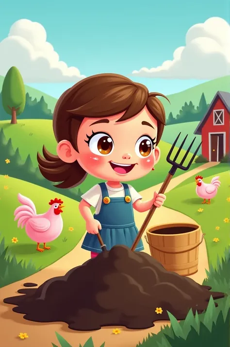 Cartoon girl putting up dung in farm