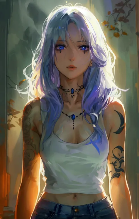 A twenty-sonething Norwegian woman, pale skin, chest-length silky raven hair, blue-purple eyes, full lips, an hourglass body, and a forearm tattoo of a full moon with two crescent moon on either sides. Wearing a white tank top and denim shorts.