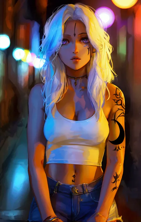 A twenty-sonething Norwegian woman, pale skin, chest-length silky raven hair, blue-purple eyes, full lips, an hourglass body, and a forearm tattoo of a full moon with two crescent moon on either sides. Wearing a white tank top and denim shorts.