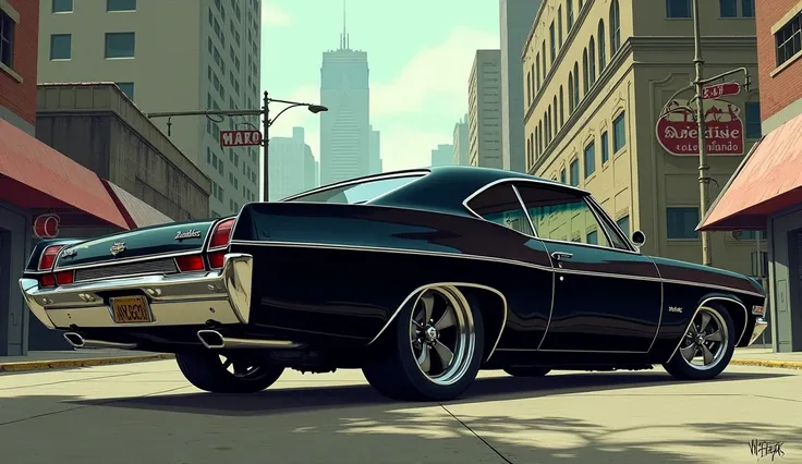 create a gta san andreas style illustration of a black Impala 67