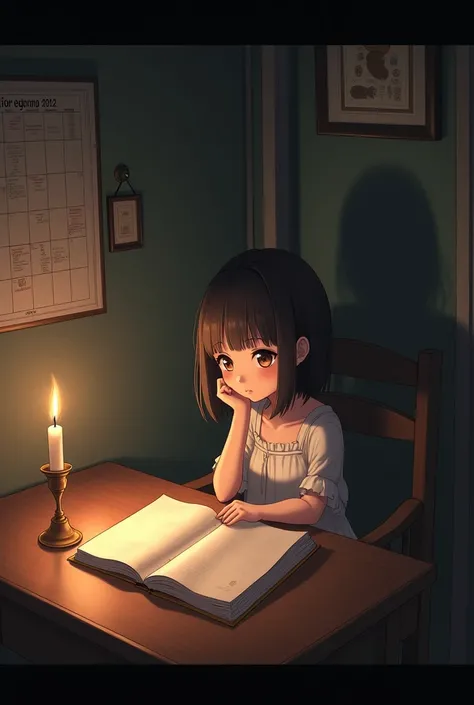 A book open on the table, candle and the a anime character girl sitting on a chair for studying, vintage fearness , calendar on the wall , shadow , dark home 