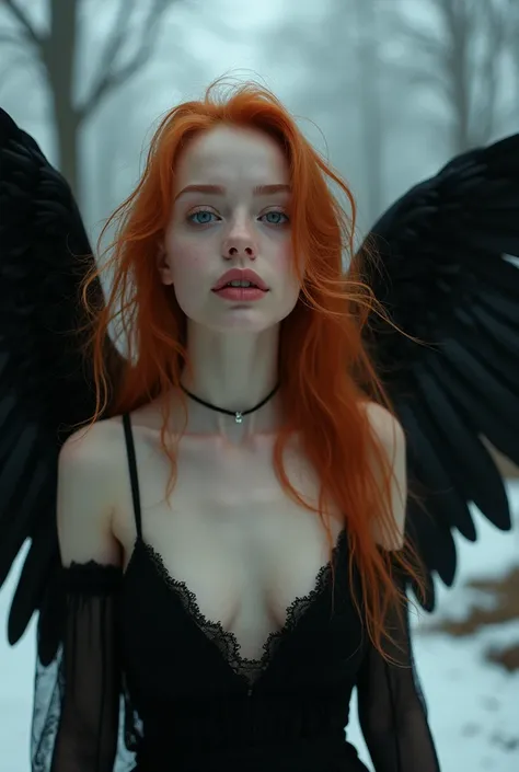 (Mackenzie Foy ginger hair teen girl, with stunning gothic black archangel wings:1.6), (naked, nude with spread legs:1.8), (Without clothes:1.8),(long, messy hair, hair floating in the wind:1.6), blue eyes, detailed eyes, detailed lips, (nude, sensual, ful...