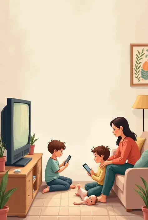 Image with a baby watching TV while a child is using an Ipad. In the same image an adult is using a laptop and an older person is using a smarphone. Please, make the image with drawings. In the center let a space to write something. Image is for a post on ...