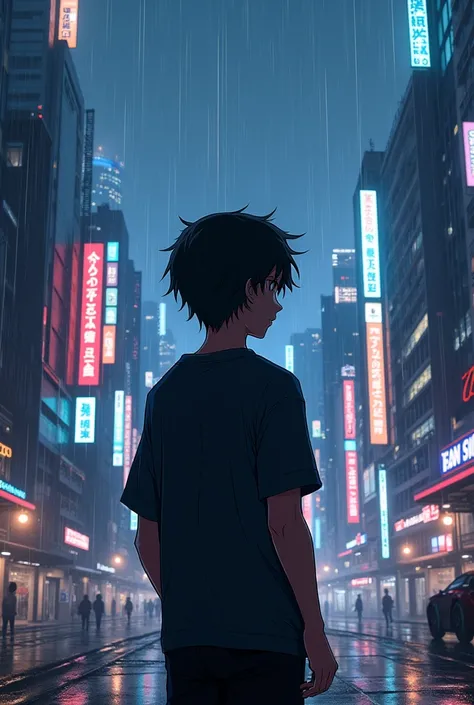 Man, anime boy, just show his back and his face against the view of the future electric city, neon light, like a legend, as little bit raining 