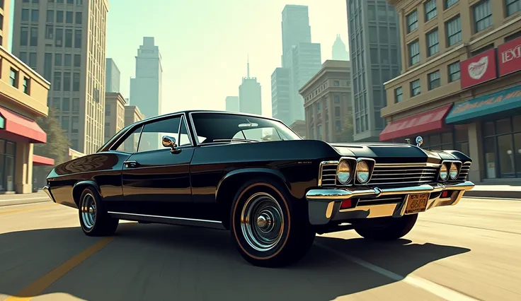 create a gta san andreas style illustration of a black Impala 67 from afar