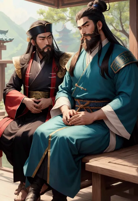 Anime Thick Painting、Zhuge Kongming、Handsome、Long Beard、Beautiful Huang Yueying、Sitting and chatting