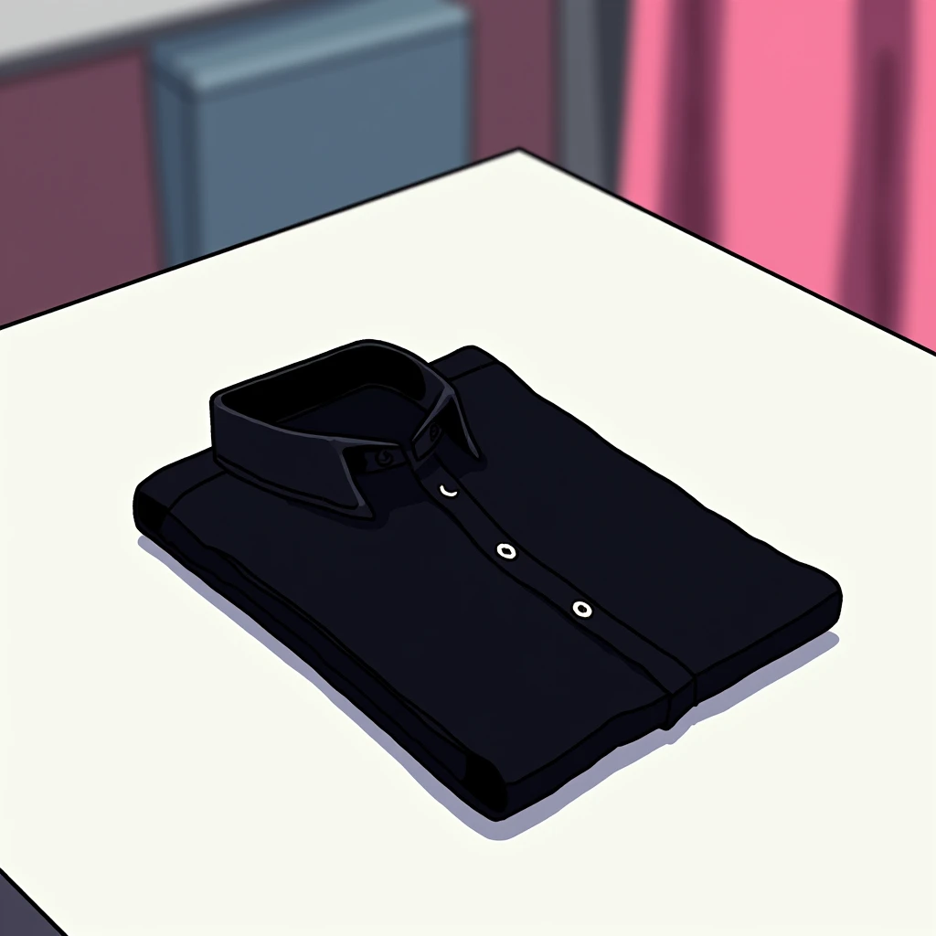 Black shadow of a black shirt lying on the floor, cartoon, Vice City GTA, white table background at home