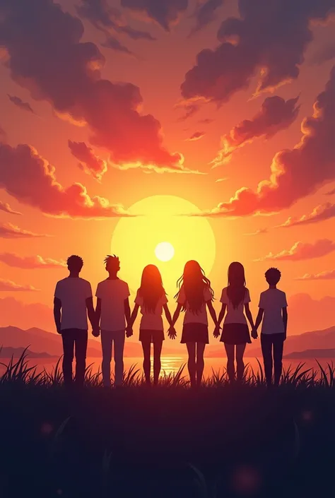 A group of people silhouetted against a vibrant sunset sky, their arms linked together, gazing out at the horizon. The setting is a peaceful beach or meadow, with warm golden light bathing the scene. The overall atmosphere is serene, hopeful, and filled wi...