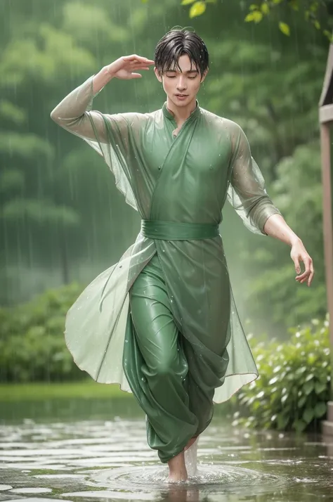 A leaf man is dancing in the rain, his body composed of leaf with delicate veins and dewdrops glistening on them. He gracefully twirls through the wet ground, creating an enchanting scene that captures attention. The imagery is nature-inspired with a blurr...