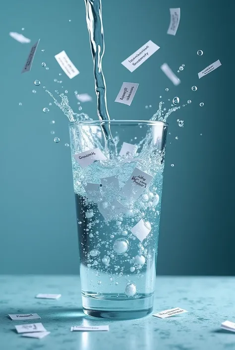 A glass overflowing with water, it’s already full but there’s more water being added to it.
Inside the water are the following words on pieces of paper:  LANGUAGE ENGLISH THAT WRITE INTO A PIECES OF PAPER
Grow Instagram account
Gain more followers
Message ...