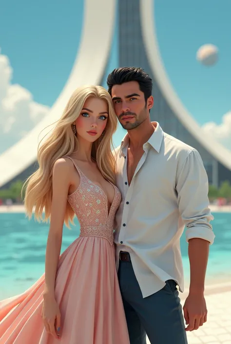 Create the cover for my book, A Princess in Türkiye, put the title in Brazilian Portuguese.A blonde princess with blue eyes, with an elegant dress that mixes traditional and modern elements, in soft tones.a dark haired man, dressed in casual clothes, like ...