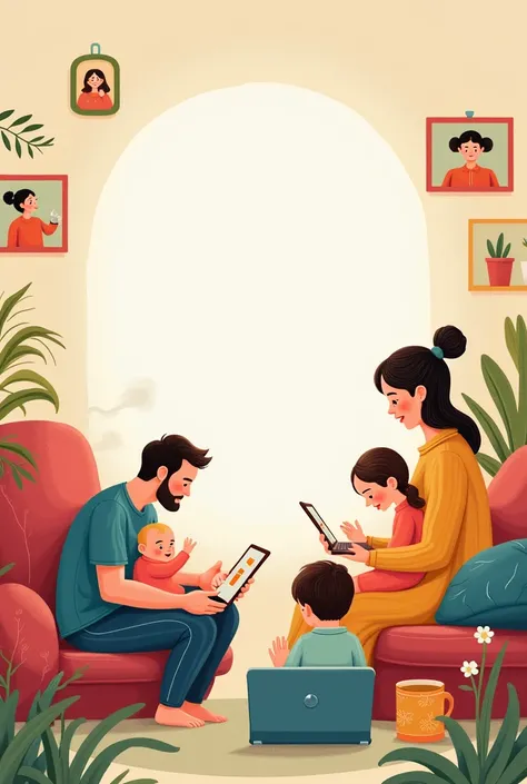 Image with a baby watching TV while a child is using an tablet, an adult is using a laptop and an older person is using a smarphone. Please, make the image with drawings. In the center let a space to write something. Image is for a post on instagram.