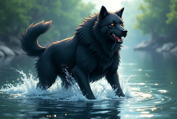 there is an anime style character black dog that is standing in the water, dog, at the waterside, black dog, a handsome, in a pond, in the water, a dog, river in front of him, the photo shows a large, bear, labrador, menacing!, playing with the water, emer...