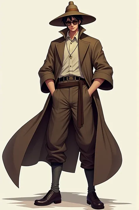 naughty man,Seriously,Cao Cao,short hair and black coloring,short sleeved shirt,brown overcoat,sunglasses,brown hat,brown pants and dark shoes