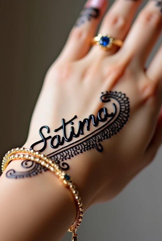 Generate a closeup pic of a girl hand wearing gold bracelet with blue diamond, hand full of, on her hand mehandi name "Fatima" clearly with spelling must be correct and accurate as it is mentioned  realistic picture hd quality.