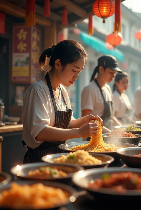 Photorealism 1.4 realistic realism high detailed definition  Chinese adult women preparing noodles at noodle store small town building like Malacca city customer waiting wearing appron and hats morning mode smoke effect