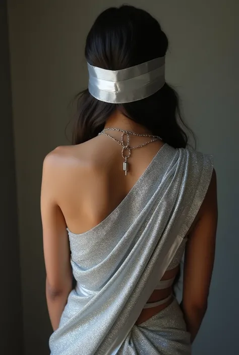 Aesthetic Indian girl blindfolded duct tape gagged in silver sparkling prom saree and handcuffed tied behind the back and tape gagged backside 