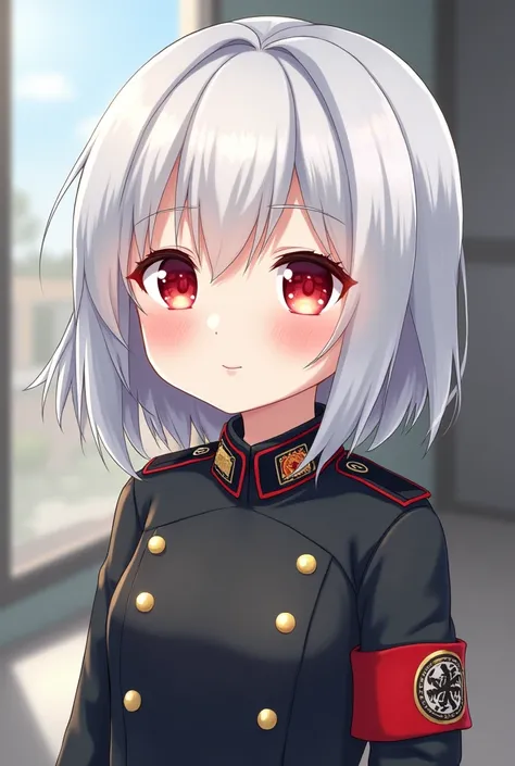 masterpiece, kawaii, adorable girl, red eyes, best quality, girl, short hair, medium breasts, white hair, german military uniform,