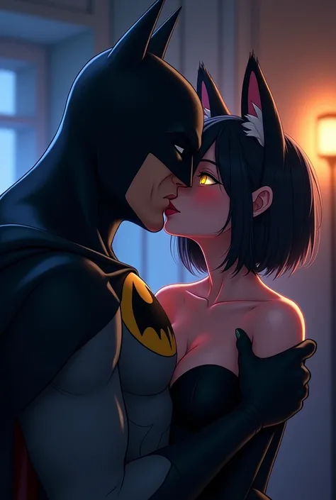 A woman with short black hair down to her shoulders, with black cat ears, yellow eyes with cat pupils, Batman kisses the woman&#39;s shoulders, animated style 