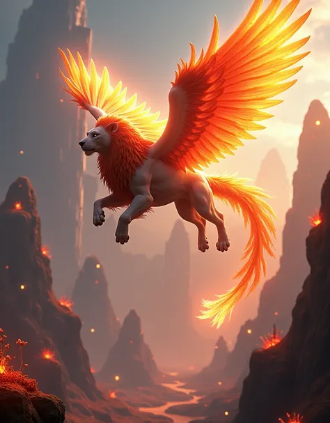 The legendary creature of Nova Aeterna, a majestic hybrid of a lion and a phoenix, soaring above a futuristic landscape. Its feathers blaze with intense colors, leaving a trail of fire and light in the sky. The landscape below is otherworldly, with towerin...