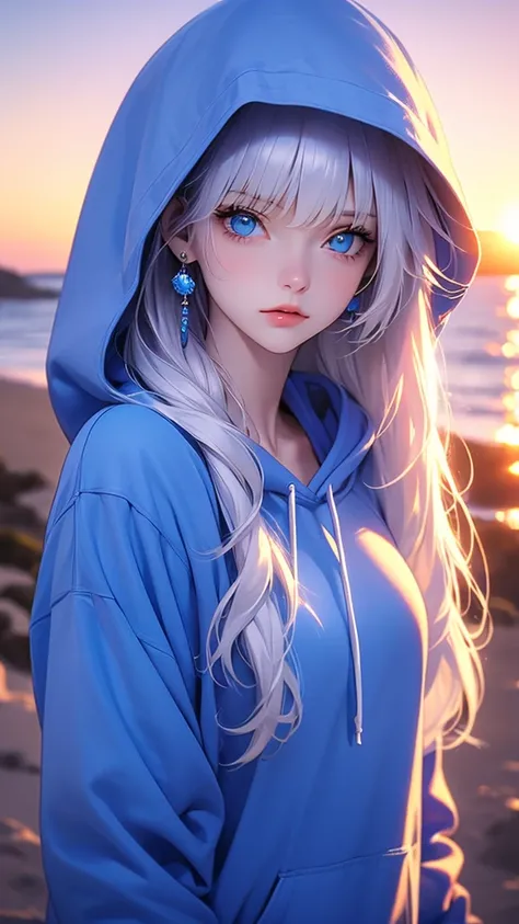 a girl with beautiful blue eyes, white hair, wearing a blue hoodie with the hood down, a single earring or piece of jewelry, looking directly at the viewer, upper body shot, against a sunset background