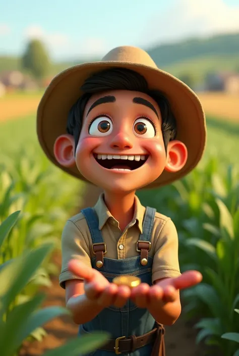 (photorealism:1.2), beautiful Generte in cinematic 3d cartoon style in the Farmer’s Happy Expression**: The farmers face lit up with joy and amazement upon finding the coin, with a background of the field and crops.

