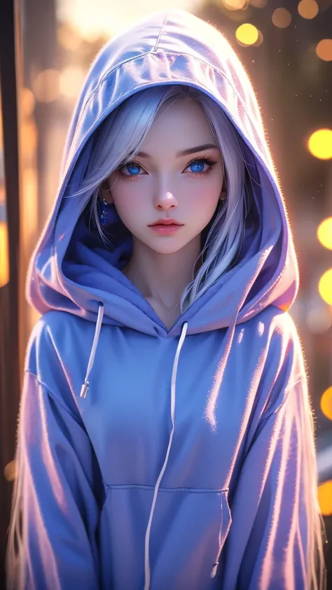 a girl with beautiful blue eyes, white hair, blue hoodie with hood down, single earring, looking directly at viewer, upper body, sunset background, (best quality,4k,8k,highres,masterpiece:1.2),ultra-detailed,(realistic,photorealistic,photo-realistic:1.37),...