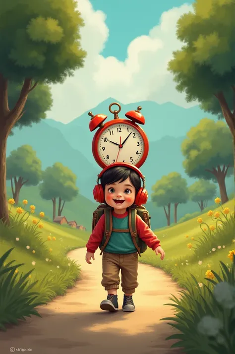 A  child with a red headset, walking on a road, with a large watch coming out of the backpack 