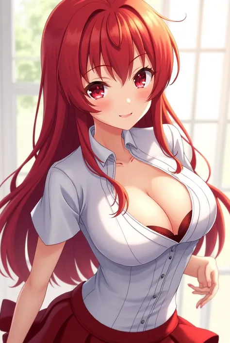 (((picture perfect))), (absurdres), 1girl, solo, rias gremory, school uniform, red skirt, looking at viewer, smile, (((upper body))) boobs , breast, cleavage , visible bra