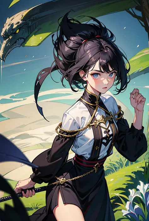 Black Hair,Iris,One person,Unfriendly,Village clothing,Carrying a simple sword