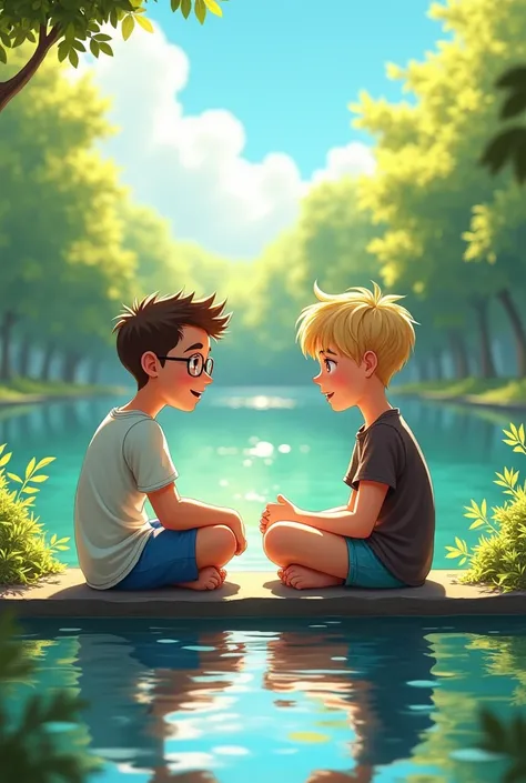 Teenage boy with glasses and brown hair and brown eyes Talks to teenage boy with blonde short hair in lake at sunny hot day 