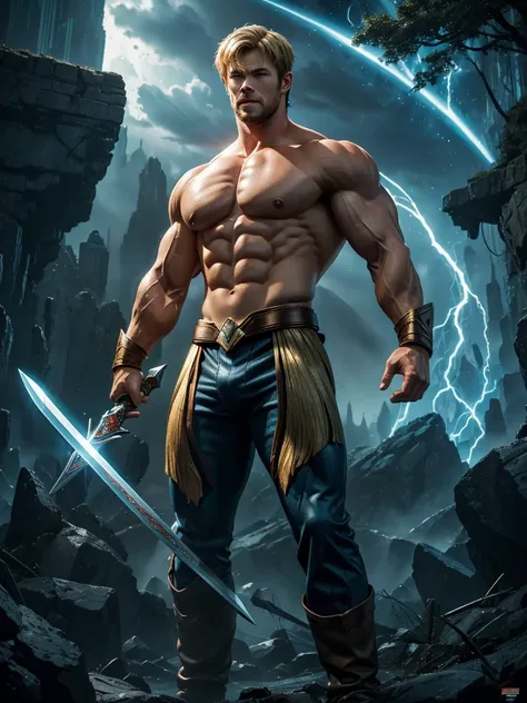 A man cross fitter body (Chris hemsworth as he-man matesr of the universe) with a powerful presence ,((blond hair)), his body adorned with a unique blend of abstract and realistic designs, digital art, by artgerm, hyperdetailed, hi top fade, dark fantasy, ...