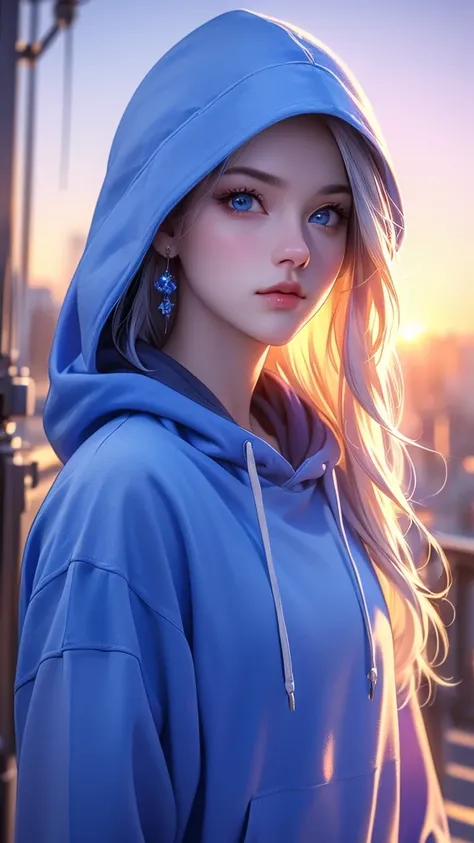 a girl with beautiful blue eyes, white hair, blue hoodie with hood down, single earring, looking directly at viewer, upper body, sunset background, (best quality,4k,8k,highres,masterpiece:1.2),ultra-detailed,(realistic,photorealistic,photo-realistic:1.37),...