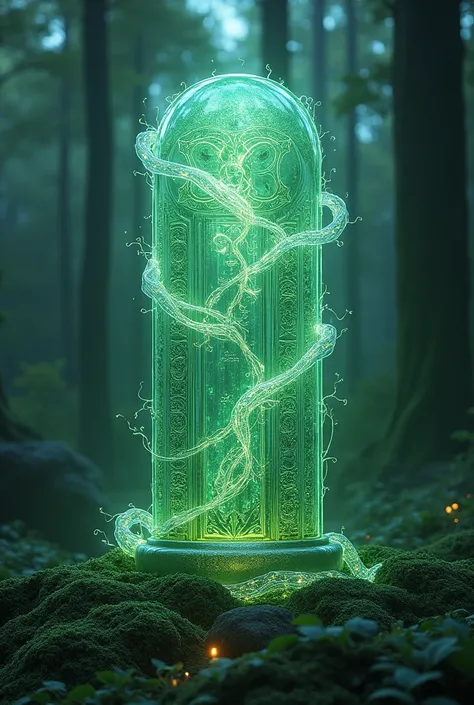 An ancient relic, buried deep within the mystical forests of Nova Aeterna, covered in glowing runes and entangled in luminous vines. The relic pulses with a mysterious, otherworldly energy, shooting beams of light into the sky. The scene is captured in 8k ...