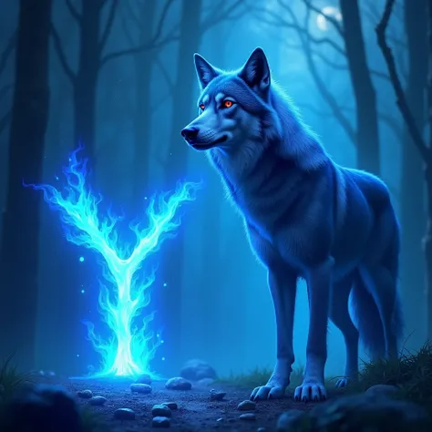 A blue wolf with red eyes looking at the blue fire letter Y and the blue fire number 7