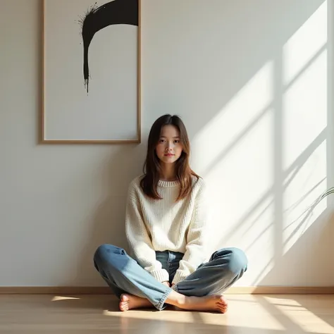 Generate an image of a minimalist Scandinavian-style interior with a large vertical framed poster in the background. In the foreground, a young woman with shoulder-length hair and a neutral expression sits cross-legged on the floor, wearing a cozy sweater ...