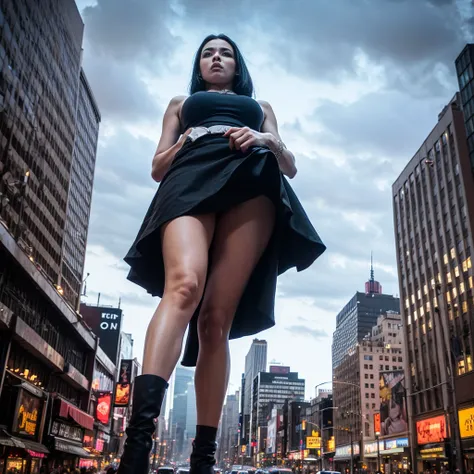 A towering Cleopatra in city with lifting skirt, breasts, looking at viewers, Her toned and she lean and slender body. She seems to be casually strolling through the bustling cityscape of New York City, as towering buildings loom overhead. Smoke and clouds...