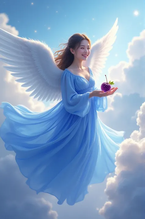 A modern blue-dressed angel, smiling beautifully, with wings, floating in the sky, holding a mulberry in her hand.