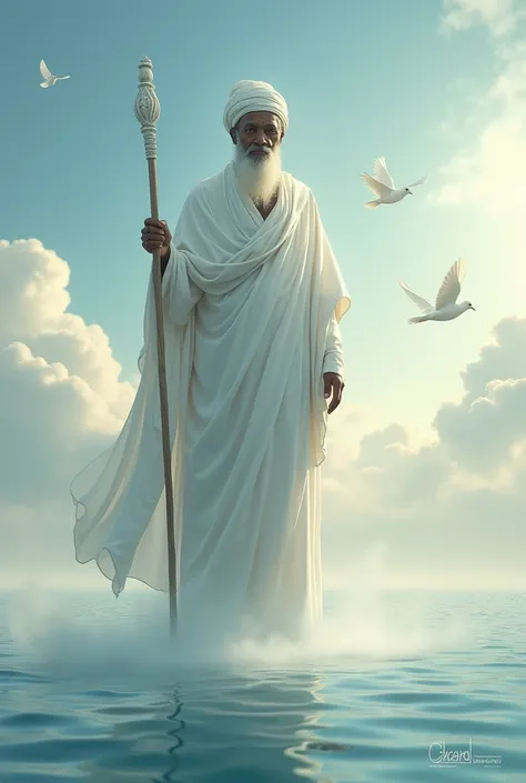 An old man with a short white beard and white hair,  of African ethnicity, with a white turban on his head, wearing a robe holding a white wooden staff with shell ornament in one hand, hovering above the clouds that rest on a sea with shallow waves, in the...