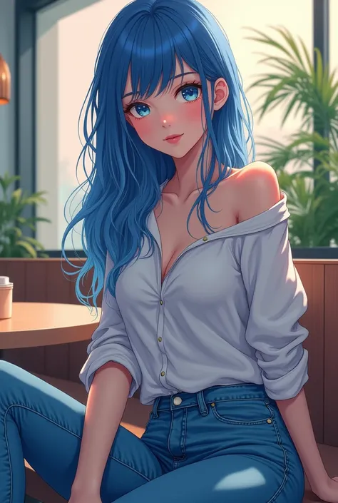 Anime-style masterpiece, graceful woman with striking sapphire-blue hair, cascading waves framing her face, sitting comfortably in meticulously detailed, casual denim jeans, light fabric texture reflecting soft ambient light, delicate features enhancing he...