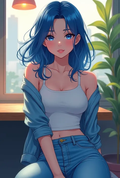 Anime-style masterpiece, graceful woman with striking sapphire-blue hair, cascading waves framing her face, sitting comfortably in meticulously detailed, casual denim jeans, light fabric texture reflecting soft ambient light, delicate features enhancing he...