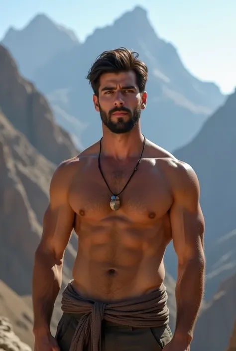 A stunningly sexy 30-year-old Afghani man, his muscular physique rippling in the warm sunlight. Standing tall and proud, he is completely shirtless, showcasing a chiseled torso and strong, broad shoulders that taper into a defined six-pack. His smooth, hai...