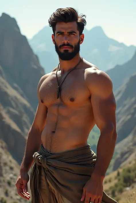 A stunningly sexy 30-year-old Afghani man, his muscular physique rippling in the warm sunlight. Standing tall and proud, he is completely shirtless, showcasing a chiseled torso and strong, broad shoulders that taper into a defined six-pack. His smooth, hai...