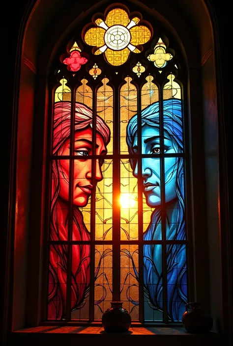 A stained glass window depicting a spectrum of human emotions - joy, anger, sadness, and love - bathed in the colorful light of the setting sun. The intricate details and vibrant hues of the window create a sense of beauty and complexity, representing the ...