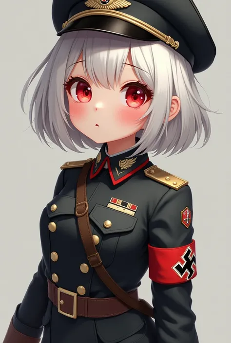 masterpiece, kawaii, adorable girl, red eyes, best quality, girl, short hair, medium breasts, white hair, german military uniform, world war one