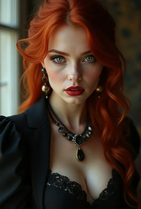 A very beautiful toreador vampire with extremely red hair, your eyes have complete heterochromia, she also has freckles, She has noble origins and is very fond of jewelry and always wears high heels., your high heel is elegant and chic 