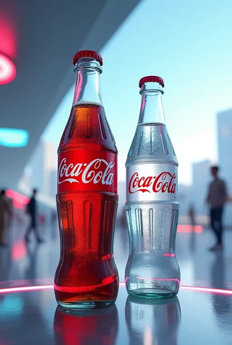 Coca-Cola advertisement where with a futuristic look, containing the brand signature with the characteristic colors. The image should contain two bottles of coke, one with soda and one with water.