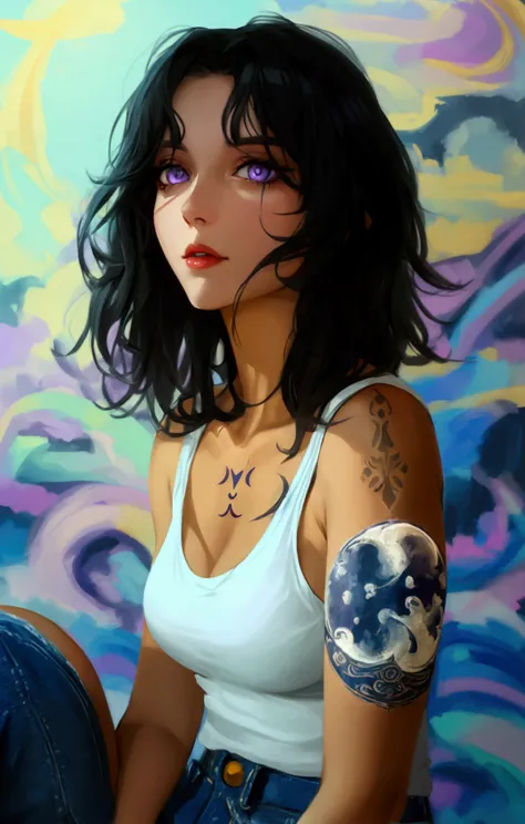 A twenty-sonething Norwegian woman, pale skin, chest-length silky raven hair, blue-purple eyes, full lips, an hourglass body, and a forearm tattoo of a full moon with two crescent moon on either sides. Wearing a white tank top and denim shorts.